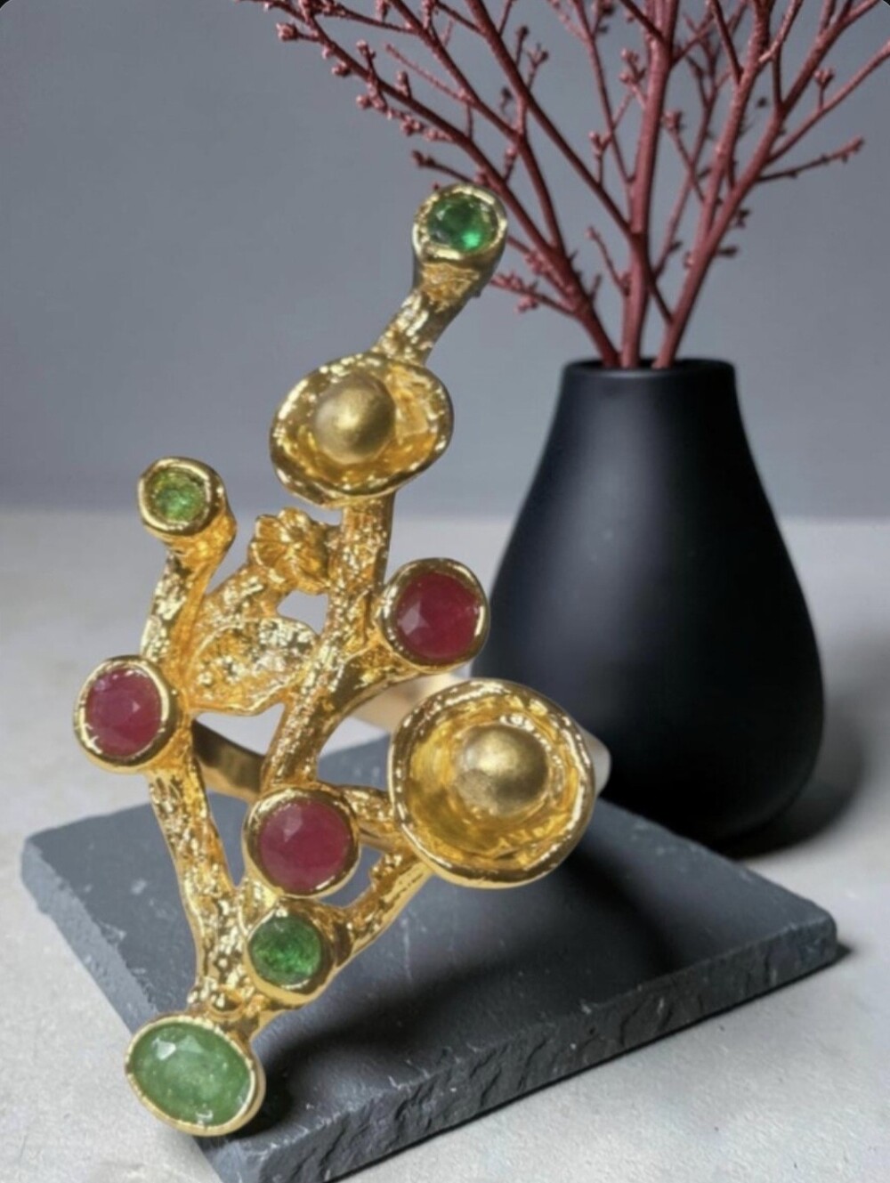 18k Gold Plated Custom Ocean Sea Fan Ruby  Emerald Branch Statement Ring